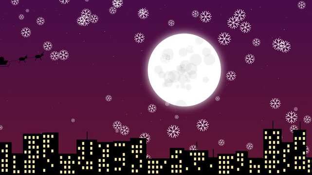 Santa sleigh flying over city skyline with full moon and falling snowflakes
