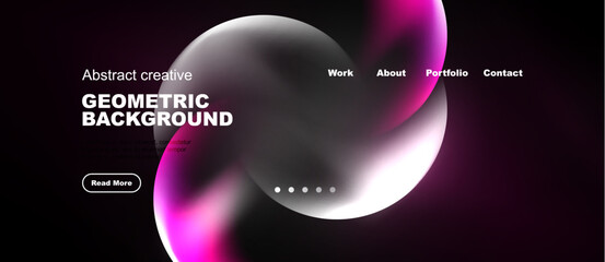 Naklejka premium Dark website mockup features abstract shapes, text elements, navigation menu. Minimalist design with pink, gray color scheme.