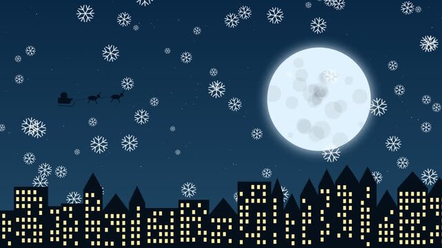 Santa claus flying over city skyline with full moon and falling snow animation