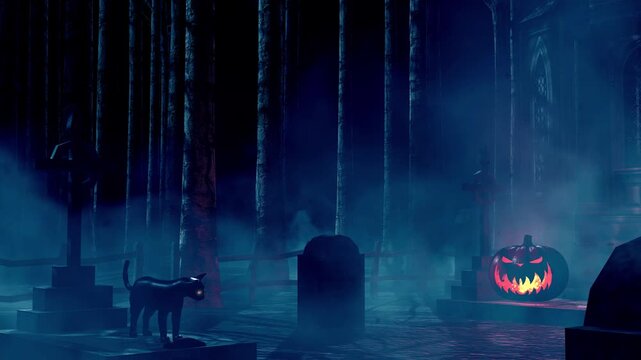 Spooky cemetery scene with black cat and glowing jack o lantern at night.