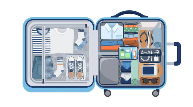 Neatly Packed Luggage: An open suitcase reveals a meticulously organized collection of travel essentials, including clothing, shoes, and accessories, ready for an adventure.