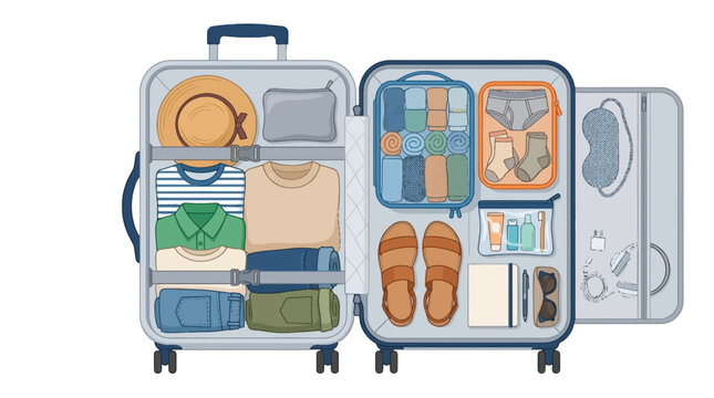 Organized Travel Luggage: An open suitcase meticulously packed with clothing, accessories, and toiletries, ready for a journey, showcasing efficient packing and travel essentials.