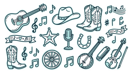 Collection of hand-drawn country music and western icons, including instruments, cowboy hat, boots, and sheriff star. © Meila