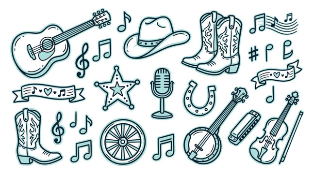 Collection of hand-drawn country music and western icons, including instruments, cowboy hat, boots, and sheriff star.