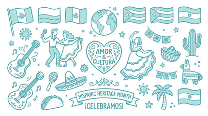 Hispanic Heritage Month Celebration with Cultural Symbols and Flags. © Meila
