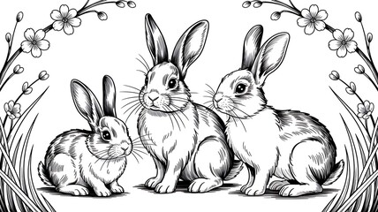 Obraz premium Three cute bunnies sitting together in a floral border illustration