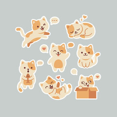 A delightful collection of cartoon cat stickers featuring playful, sleeping, and curious felines in various adorable poses. © Amirul