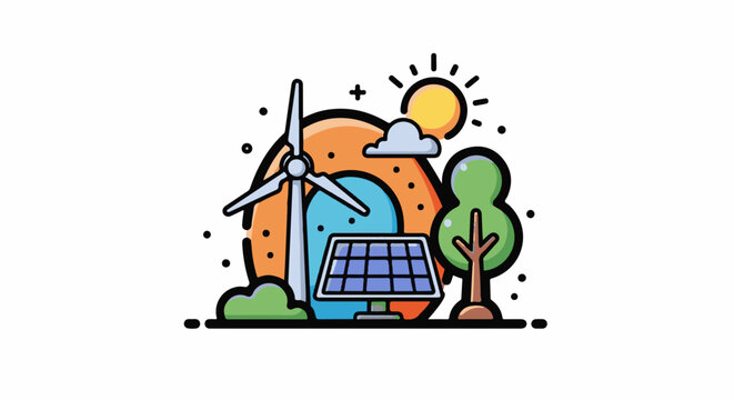 Green energy illustration with sun clouds tree windmill and solar panel