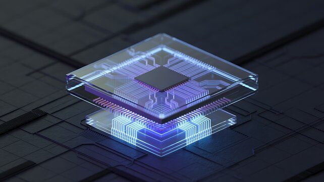 Modern 3D chip processor with glowing circuit board design