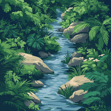 A serene river flowing through a lush green jungle, surrounded by vibrant plants and rocks.