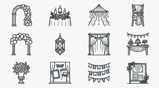 Industrial Style Black and White Line Art Wedding and Event Decoration Elements Collection with high quality professional line art symbols for modern creative design and digital branding projects