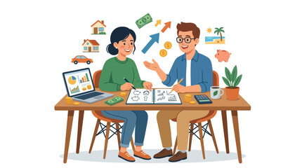 Fototapeta premium Financial Planning Together: A couple consults over a table filled with financial planning tools, surrounded by icons representing home, car, travel, and savings.