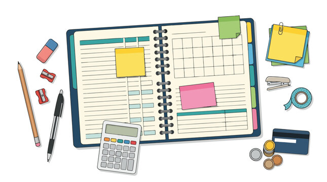 Organized Business Planning Tools: A top-down view of an open planner, complete with a calendar, sticky notes, and essential office supplies like a calculator, pen, and eraser.