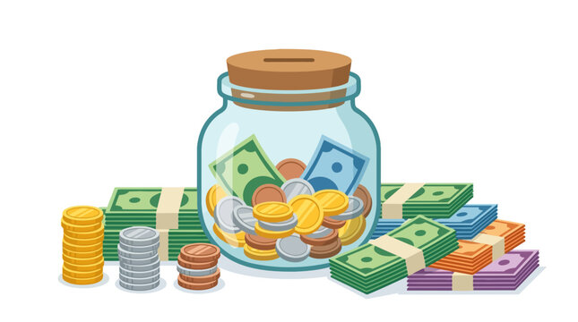 Money Jar Savings Illustration: A glass jar brimming with various currency notes and coins, surrounded by stacks of bundled cash, symbolizing financial growth and investment.
