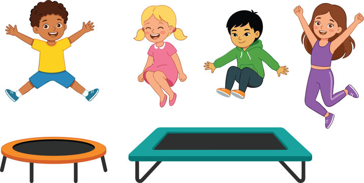 Happy cute kids jumping on trampolines vector illustration set with active diverse boys and girls isolated on a white background