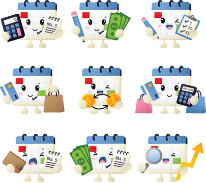 Cute calendar characters show financial activities