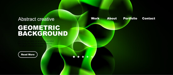 Naklejka premium Dark background features vibrant green abstract shapes. Text elements include geometric background, navigation options, plus button. Modern design.