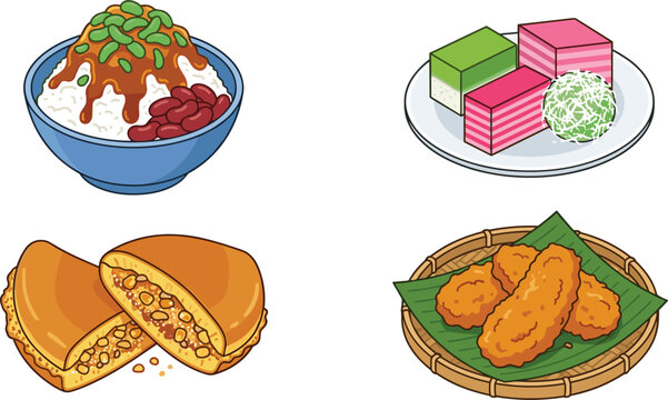 Malaysian and Indonesian traditional dessert set featuring cendol shaved ice kuih lapis seri muka ondeh ondeh apam balik and pisang goreng vector