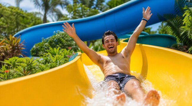 Man happily sliding down a water slide