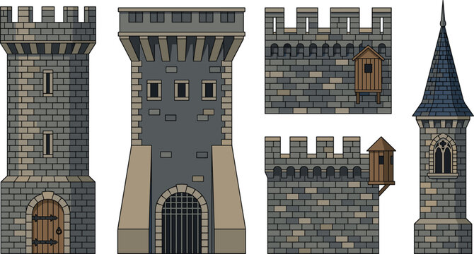 Medieval stone castle tower and wall vector set with fortress battlements gates watchtowers and spires isolated on white background