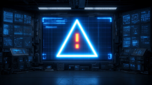 A warning symbol dominates the screens of a technological control room, representing critical system failure, operational danger, emergency monitoring and urgent incident response.

