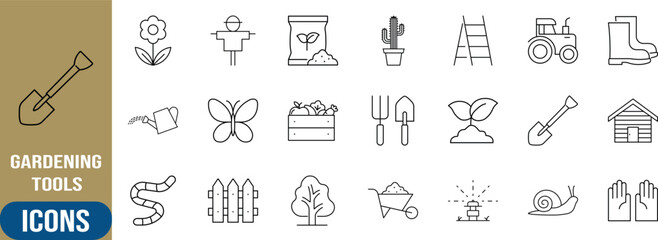 Gardening tools nature line icons. tractor icon set, shovel icon set, wateringcan icon set © Mamun