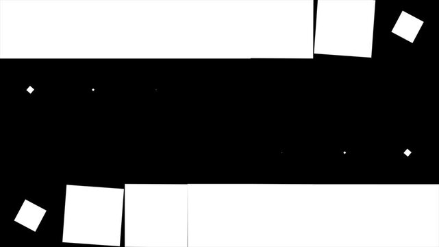 Geometric square matte transition animation loop featuring scaling white blocks moving horizontally across the center with diagonal elements on a black background for