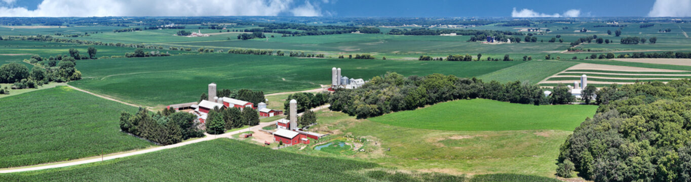 Panorama Aerial View of Farm homesteads and Corn Production Fields in South Western Wisconsin