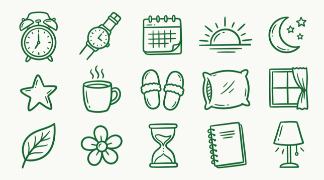 Collection of hand-drawn icons representing daily routines, time, and relaxation elements.