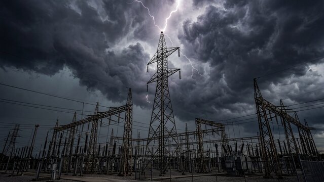 Lightning strikes electricity pylon during heavy storm