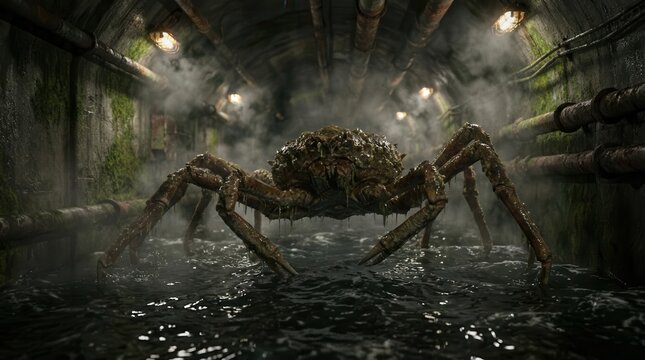 Giant monstrous spider crab creature lurking in a dark, eerie sewer tunnel