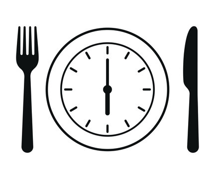 Clock with fork and knife cutlery meal time vector silhouette icon