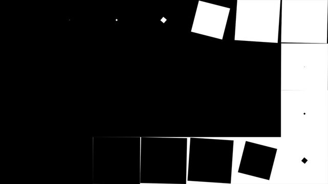 Geometric square matte transition animation loop featuring rotating and scaling white blocks moving in a spiral pattern to cover the screen from black to white