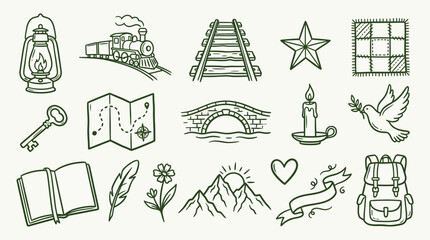 Collection of hand-drawn icons representing travel, adventure, and exploration elements. © logan
