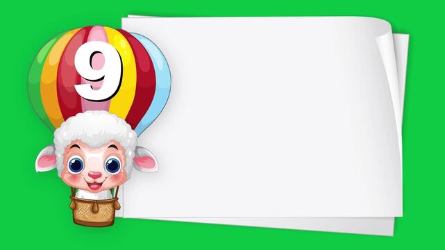 Cartoon Sheep in Hot Air Balloon with Number Nine and Blank Sign