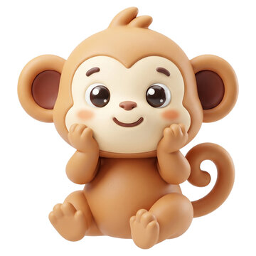 Cute Cartoon Monkey Character Smiling with Cheeks in Hands
