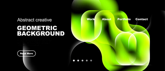 Naklejka premium Dynamic design features vibrant green shapes, text overlays, navigation options. Modern aesthetic suitable for website header or banner.