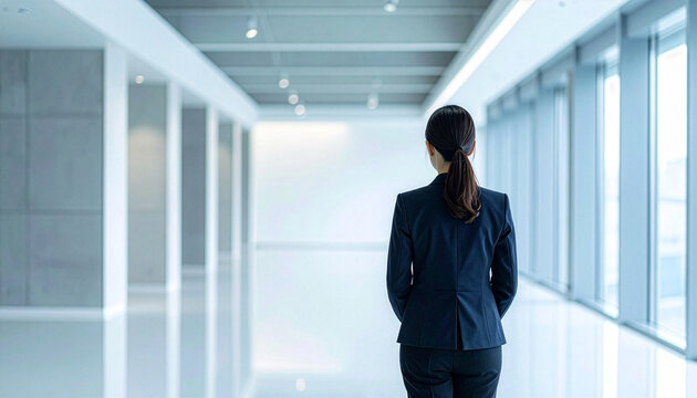 オフィスの廊下に立ち、前を見据えるビジネスパーソンの後ろ姿（女性・スーツ・キャリア）
