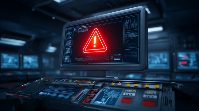 A control room monitor displaying a warning symbol, representing system failure, cybersecurity incidents, operational risk and urgent technology monitoring.
