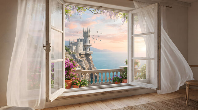 Open window with blowing white curtains overlooking a balcony with flowers, a calm blue ocean, and a cliffside castle at sunset.