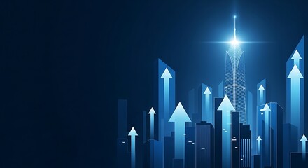 Fototapeta premium A futuristic cityscape with glowing blue skyscrapers and upward arrows