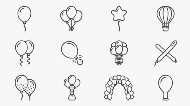 Elegant Black and White Line Drawing Set of Festive Balloons Hot Air Balloons and Party Decorations