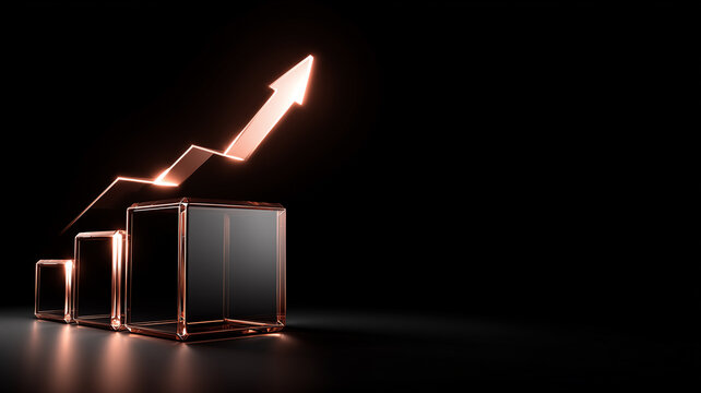 A rising bar chart with an upward arrow, representing business growth, improved performance, market momentum and long term financial success.
