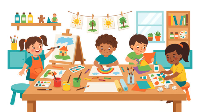 Happy children group enjoying creative art and craft activities in a classroom, painting on easels, drawing with colorful crayons, and cutting paper with scissors to develop artistic skills and joy.