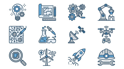Industrial and Technological Icons Collection Minimalist Blue Line Art of Innovation Engineering and Futuristic Concepts © Ahmad