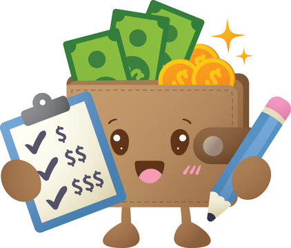 Cute wallet character holds clipboard and pencil
