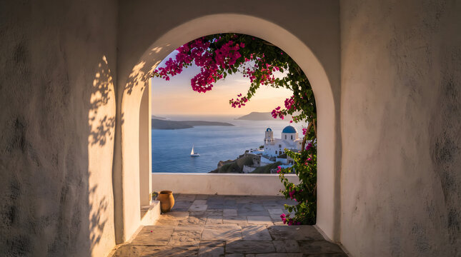 Beautiful view of a Greek island caldera and blue-domed church at sunset, framed by a white archway with pink bougainvillea flowers