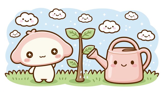 Cute pink mascot character and watering can.