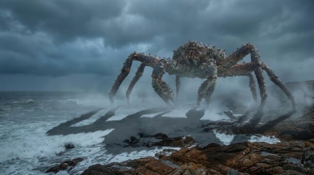 Colossal sea beast emerging from misty ocean waves onto a dark rocky shore.