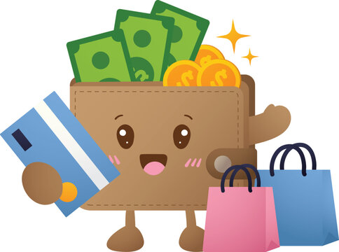 Cartoon wallet smiles with cash and coins